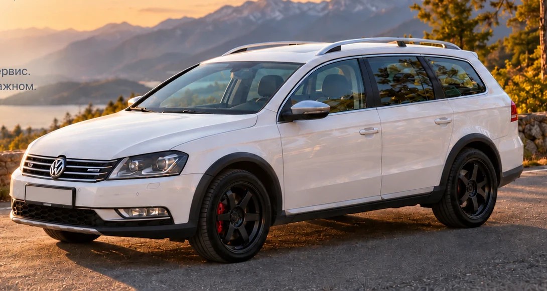 Volkswagen Passat Alltrack на горной дороге на закате